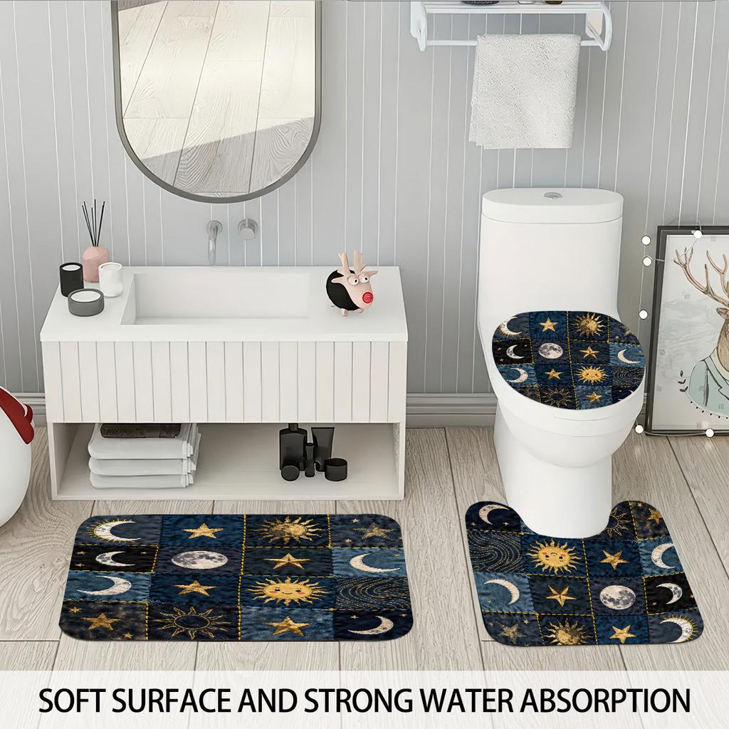 Fabric Splicing Sun and Moon Print Bathroom 4-piece Set 180x180 Waterproof Shower Curtain Floor Mat U-shaped Toilet Mat
