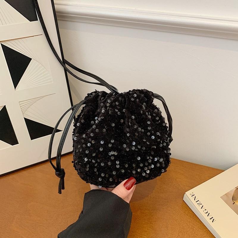 Sequined Drawstring Bucket Tote Bag Women's New Fashion Versatile Shoulder Bag Trendy Messenger Bag