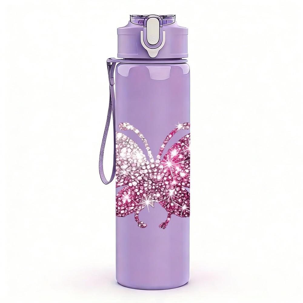 1PC Shimmer Pink Butterfly Wing Print 750ml Color Plastic Sports Water Bottle Leakproof Flip Straw Lid Suitable for Sports Office Home Use