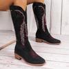 Übergröße bestickte High-Top Kniehohe Mode Stiefel Herbst und Winter Blockabsätze und runde Zehen vielseitige Damenstiefel