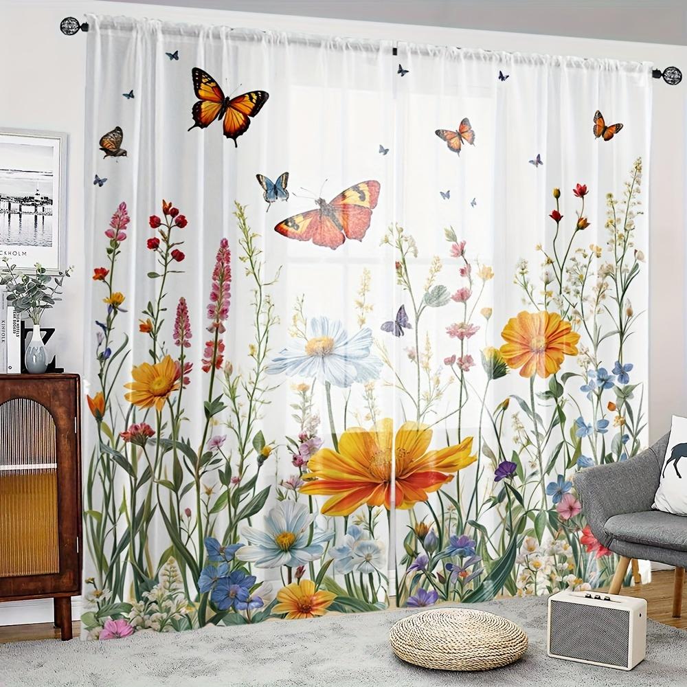 2 Stück Blumige Schmetterling-Gardinen Gelbe Blüten Stangentasche Leichte Polyester für Wohnzimmer Schlafzimmer Sichtschutzvorhang