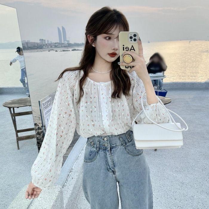 Long Sleeve Floral Chiffon Top Women's Designer Spring Summer Stylish Lantern Sleeve Loose Blouse
