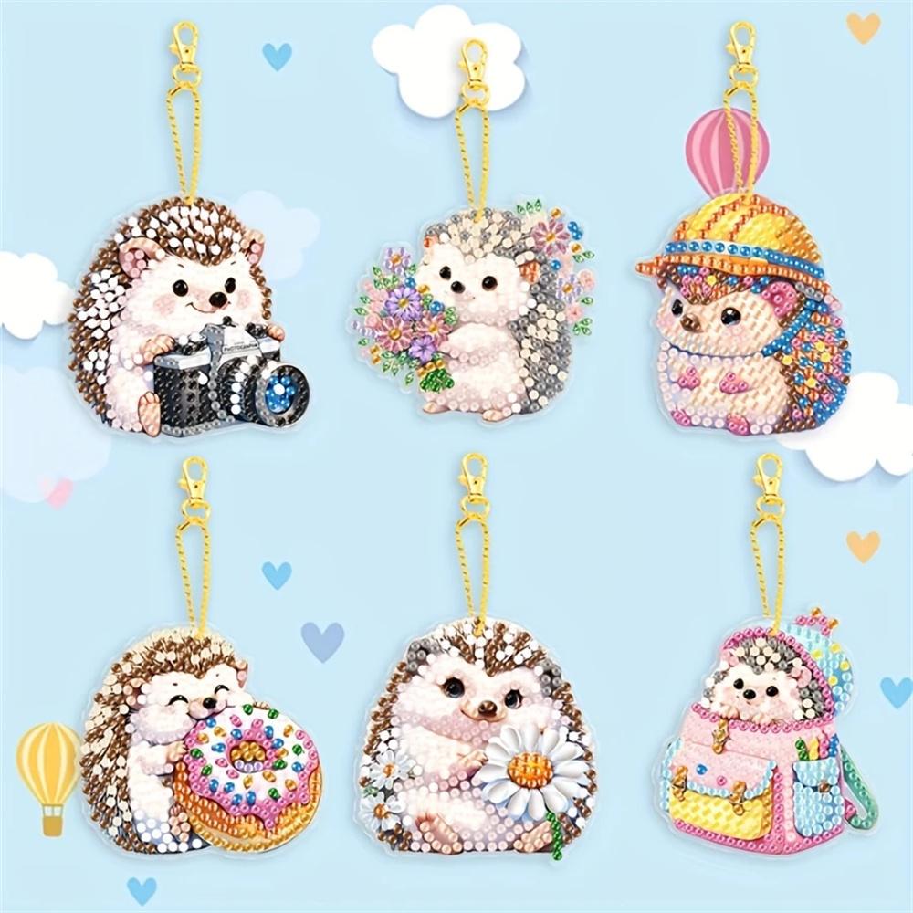 6Pcs/SetDIY Diamond Drawing Keychain - Animal Hedgehog Pattern, Suitable for Beginners, Diamond Kit Craft Supplies