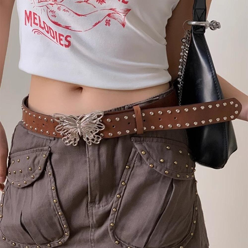 

Пояс с заклепками в стиле панк Y2k Pu Waistbands Trendy Butterfly Waist Belt Daily коричневый
