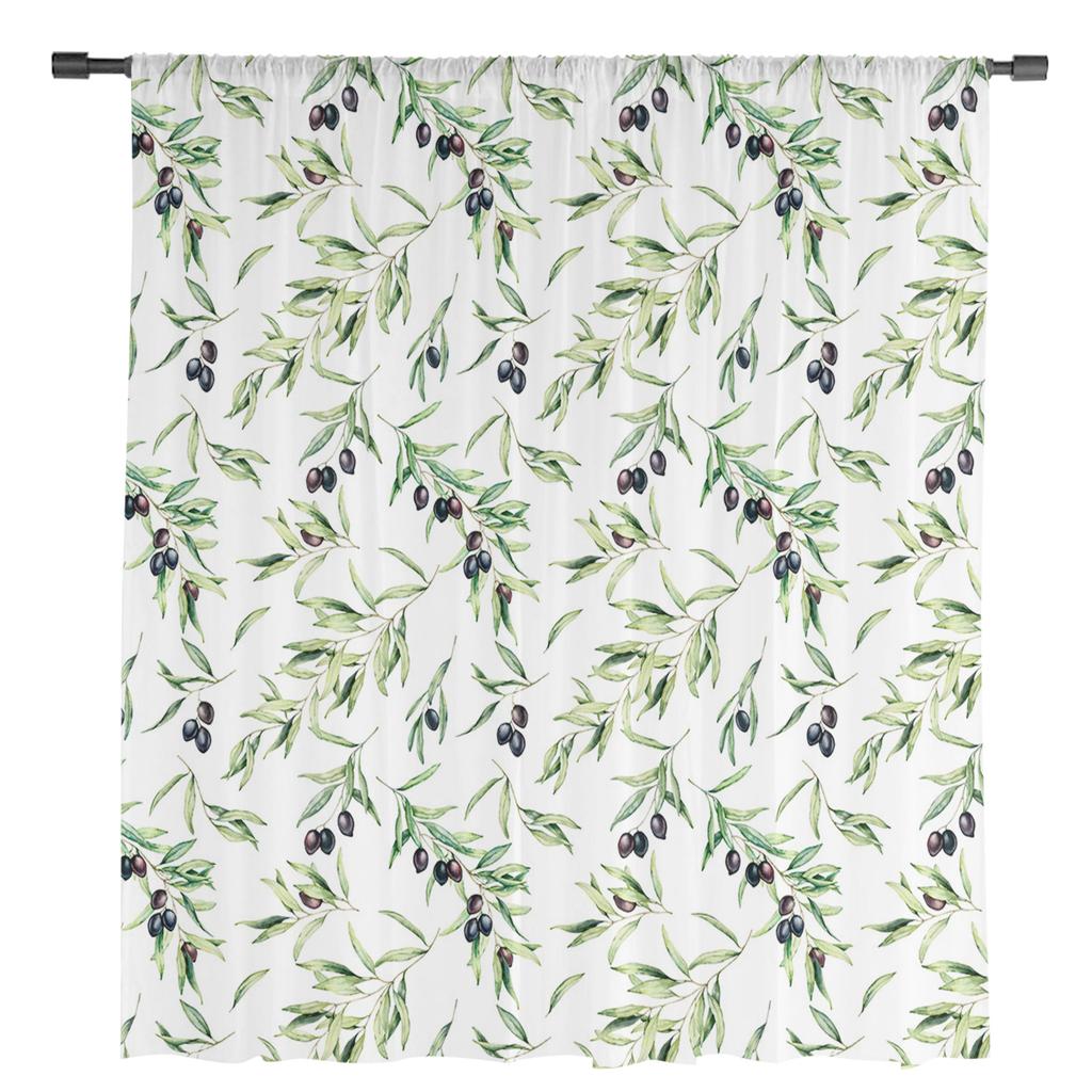Watercolor Olive Leaf Texture Tulle Window Curtain Sheer Valances Curtains For Living Room Home Decoration Drape Panel