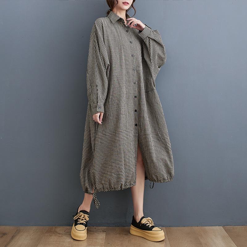 YYFS Women's Fashion Spring Fall Plaid Print Long Sleeve POLO Neck Loose Waistline Casual Dresses