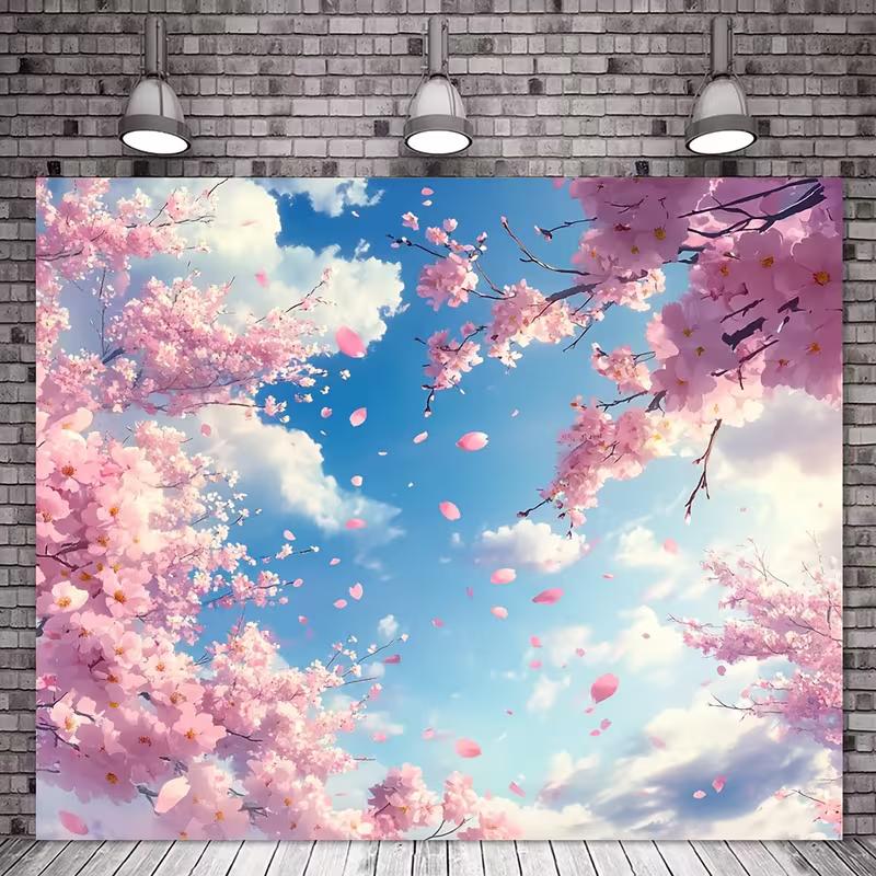 2D Pastel Cherry Blossom Tapestry Aesthetic Spring Sky Wall Art with Falling Sakura Petals