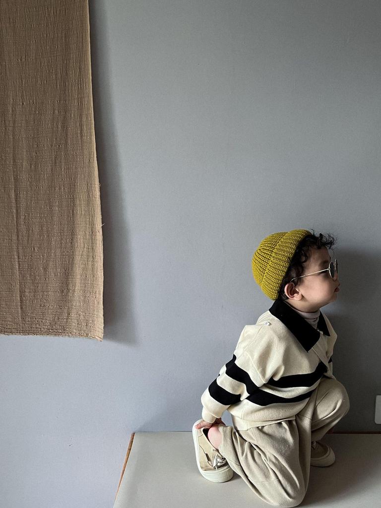Mori Style Children's Knitted Sweater - Striped, Two-Button, Turn-Down Collar, Casual and Fashionable for Boys and Girls in Spring and Autumn.