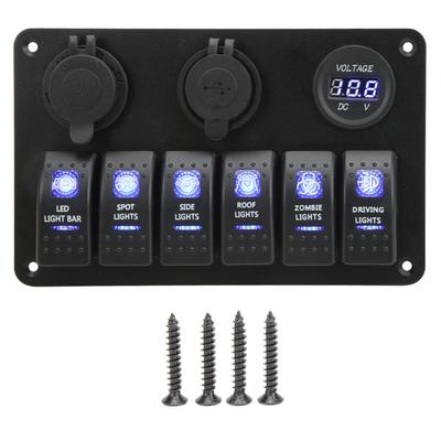Panel de Interruptores Basculantes de 6 Gangs 12V 24V con Voltímetro Puerto USB Dual Retroiluminación Azul Impermeable para