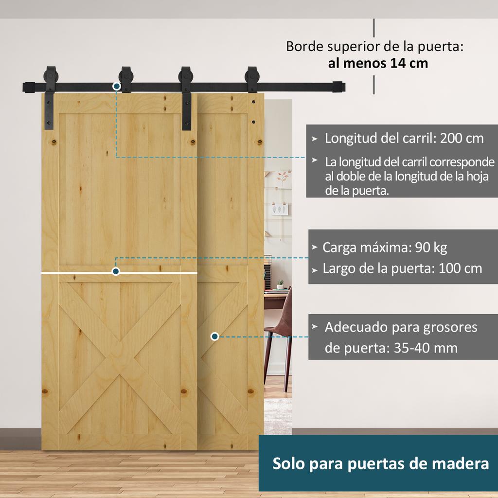 Sliding Door Hardware Kit, 200 cm, Carbon Steel, 2 Wooden Doors, Black