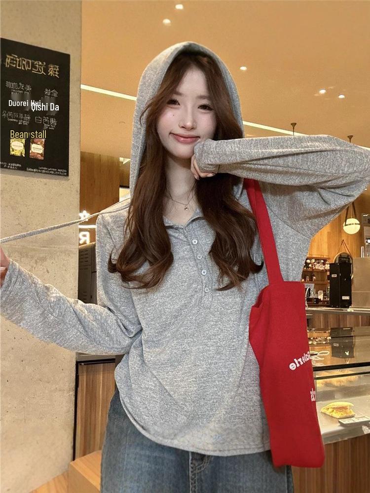 Korean-Style V-Neck Hooded T-Shirt for Women - Casual Loose Fit, Half-Buttoned, Early Autumn Top