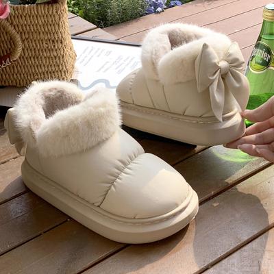 Bow Cotton Slippers Women's Winter Bag and Velvet Cotton Shoes To Keep Warm and Thick Soles