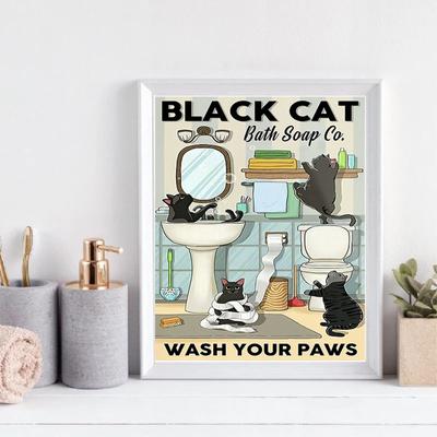 Pintura em Tela de Animais Fofos Gato Preto Ficar Nu Cartaz Tubarão Coelho Guaxinim Estampa Banheiro Parede Arte Foto Banheiro Decoração Casa