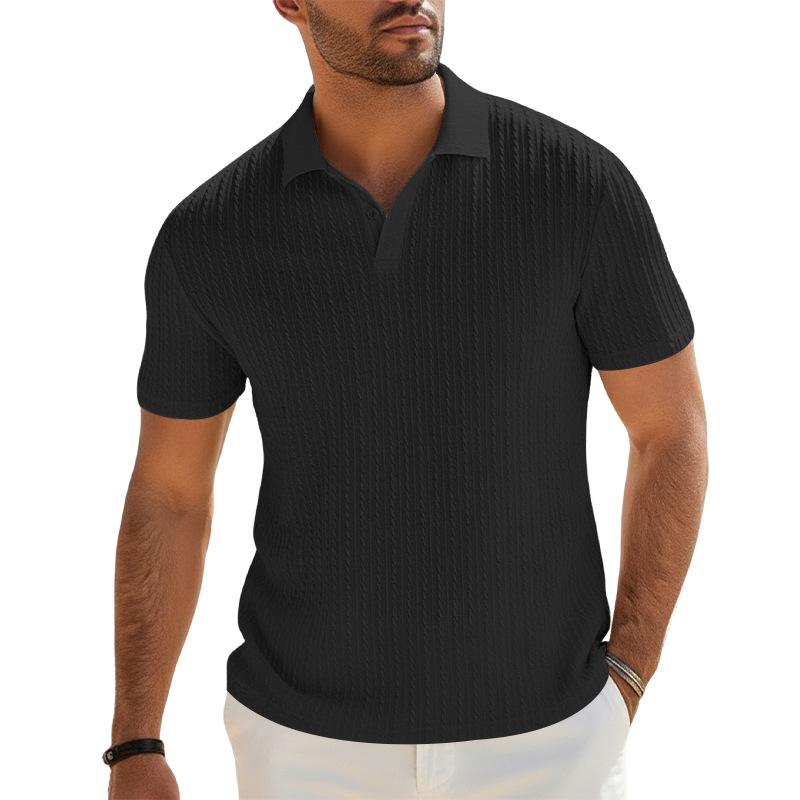 Men's Textured Vertical Stripe Lapel Polo Shirt Breathable Loose Quick-Dry Short Sleeve.