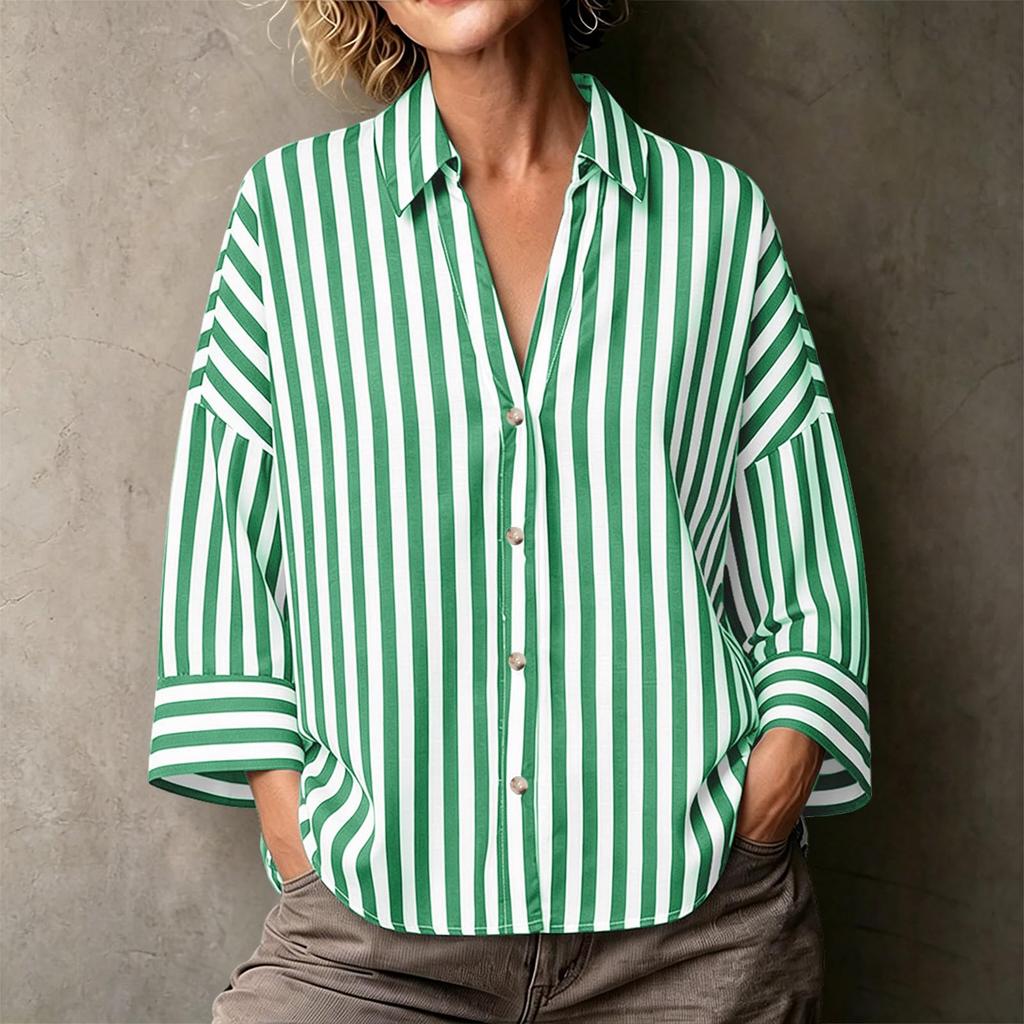 Women's Striped Lapel Button Down Long Sleeve Blouse Loose Fit for Work
