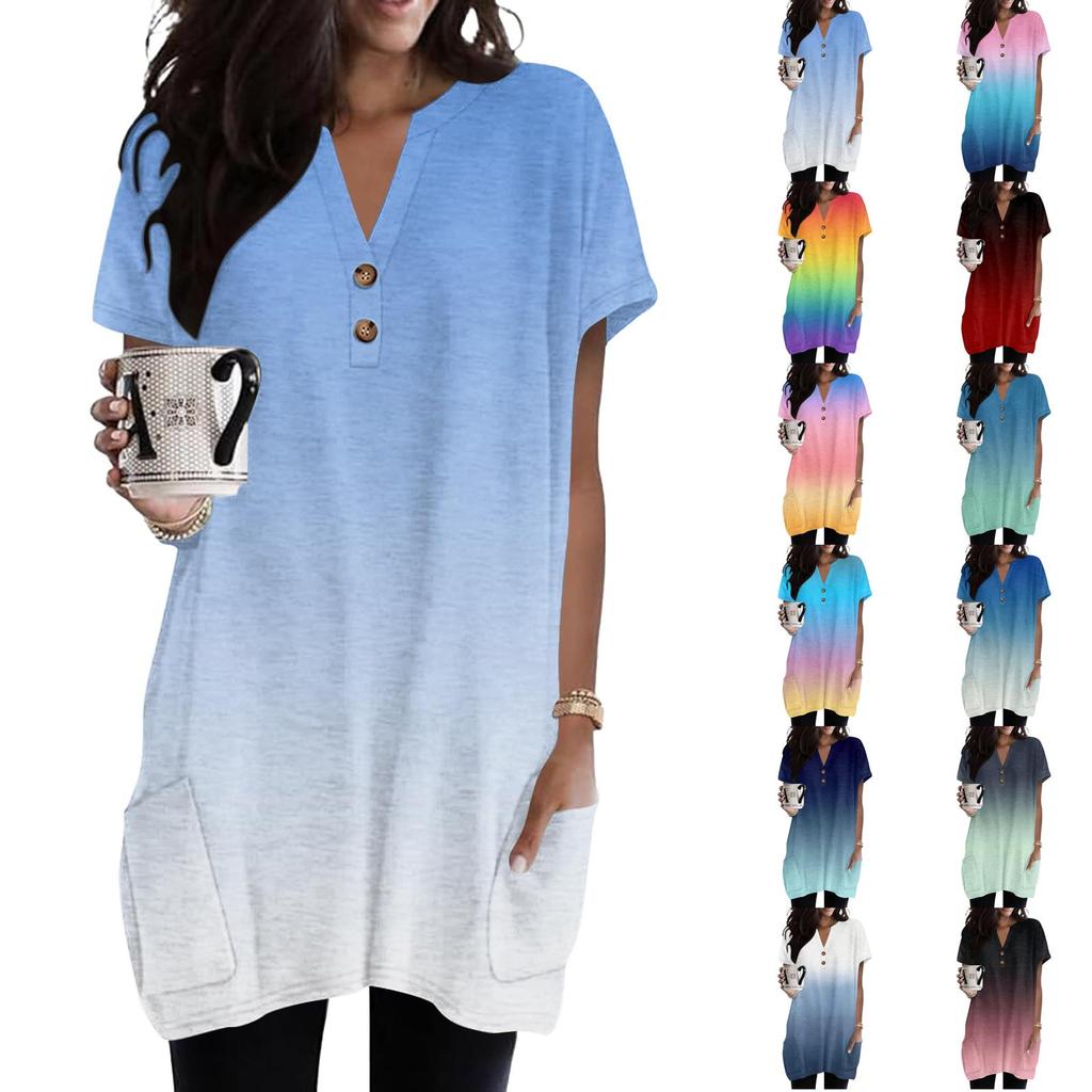 Women's V-Neck Gradient Print Short Sleeve Blouse with Pocket - Casual Pullover Top for Everyday Wear