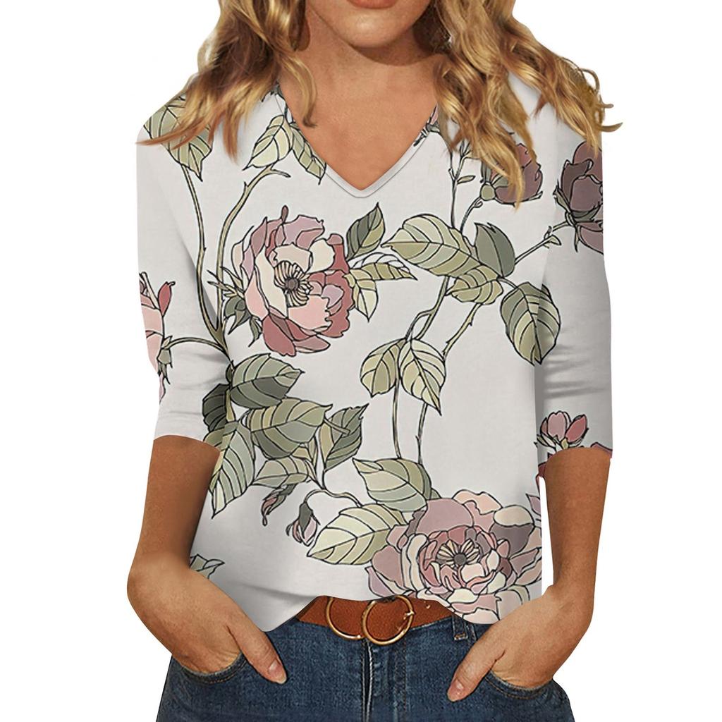 V-neck 3D Flower Pattern Printed Top Fashionable Casual Long Sleeved Women's T-shirts