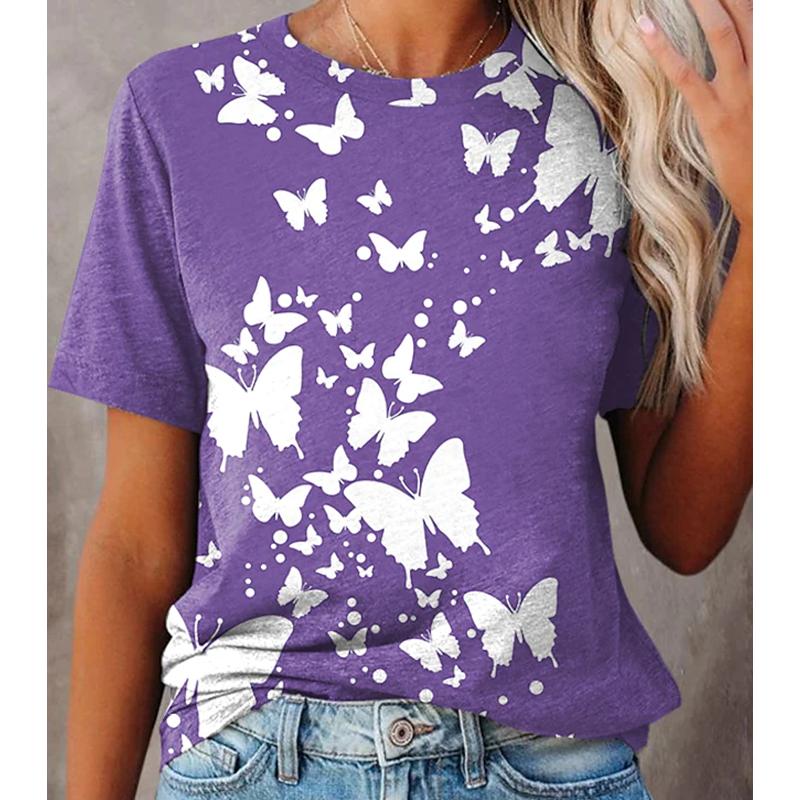 Damen Sommer T-Shirt Trend Schmetterlingsdruck Retro Mode Kurzarm Tees Lässig Bedruckte Oberteile