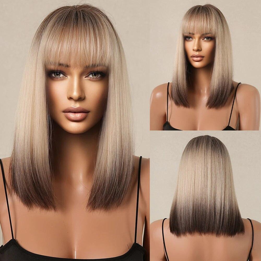BLONDE UNICORN Kurze gerade Perücken, weiß, grau, Bob-Perücke mit Pony, natürliches Damen-Kunsthaar, tägliche Party, Weihnachten, synthetische Perücke, hohe Temperatur