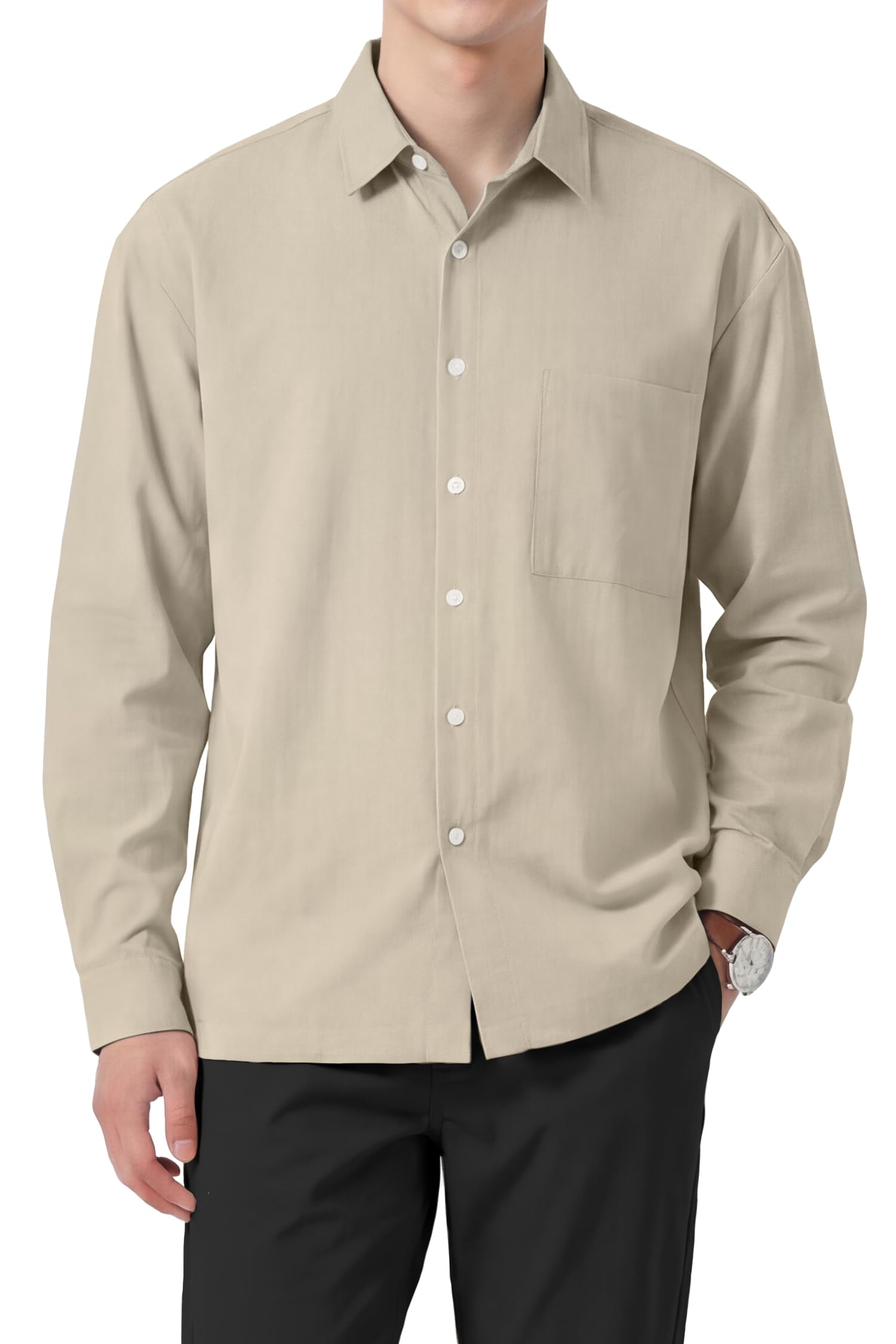

[Enlision] Men s Shirt, Beige, Comfortable, Easy Care, Breathable, Versatile Layering, Casual, Stylish, Slim Fit Dress Shirt