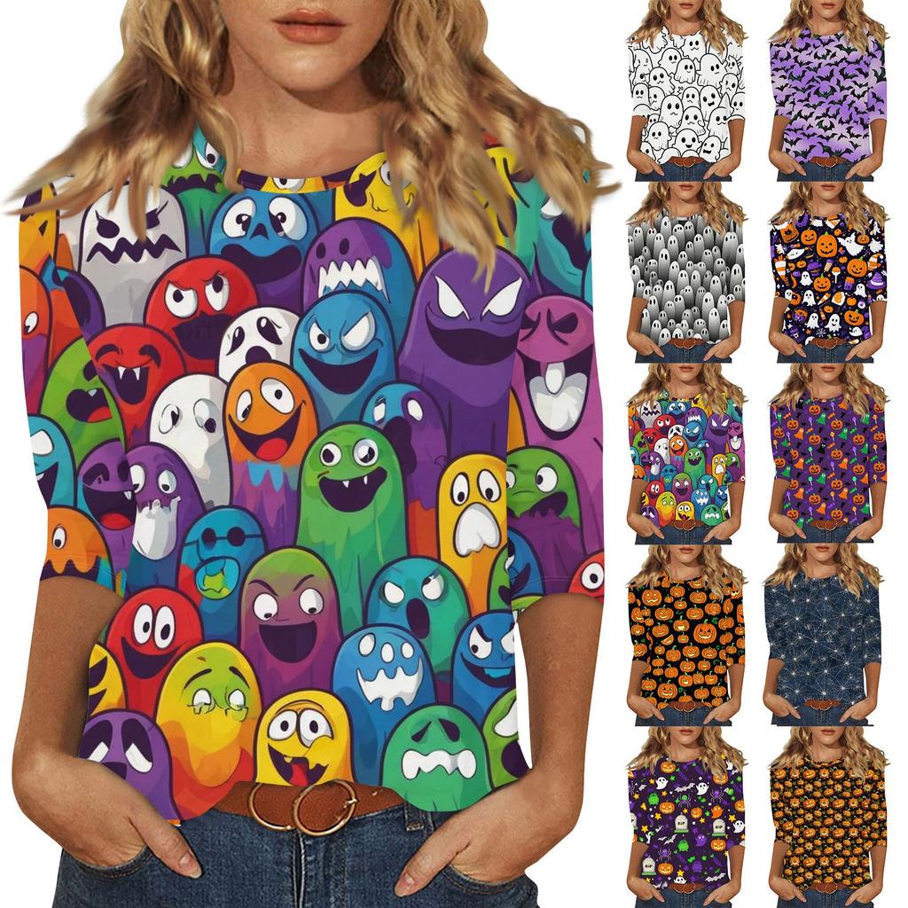 Women's Fashion Casual Three-quarter Sleeve Halloween Printed Round Neck Top
