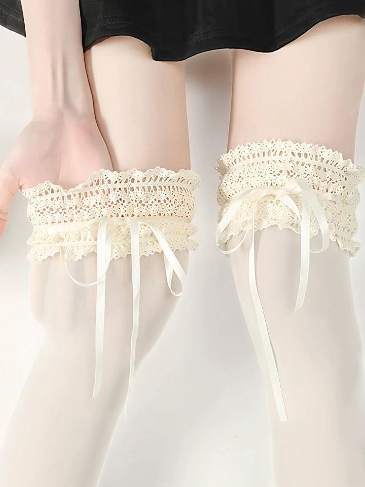 Lace Sock Mouth Bowknot Sexy Above Knee Stocking Cute Women'S Spring Autumn Thin Oil Shiny Stocking Party Maid Socks Fashion