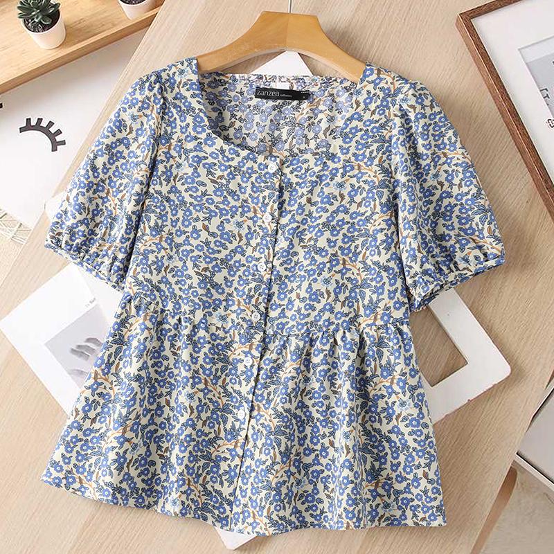 

ZANZEA Женские блузки с принтом, квадратным вырезом и короткими рукавами, А-образного силуэта синий