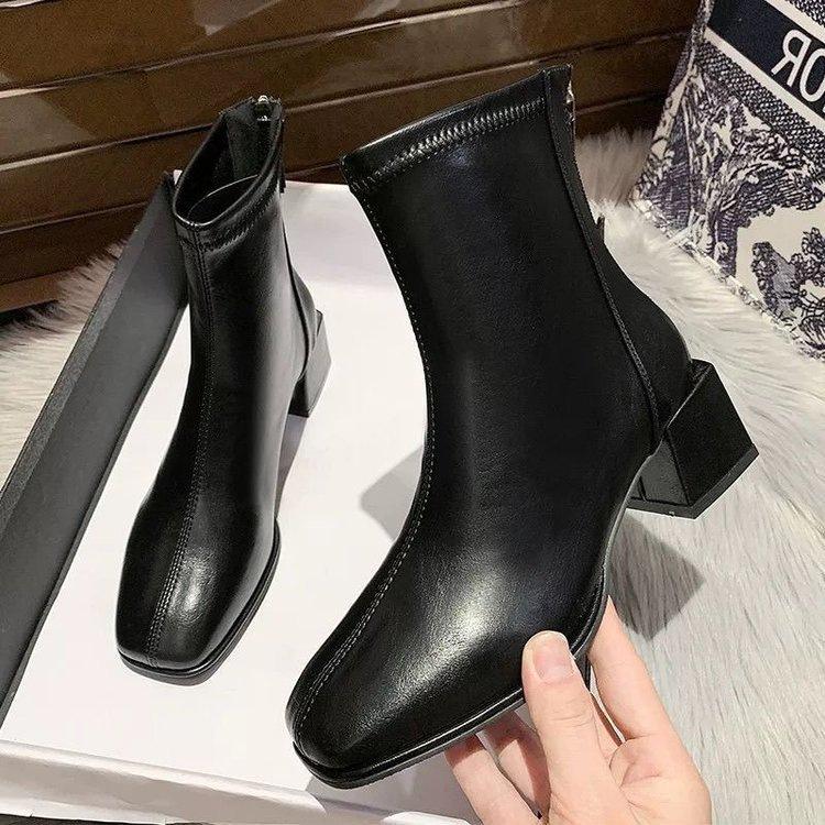 Retro Thick Heel Square Head Short Boots Women's Autumn and Winter British Style Chelsea Boots Slim Velvet Martin Boots Slim Boots