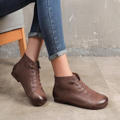 Round Toe Handmade Boots Flat Casual Leather Women's Shoes Short Boots