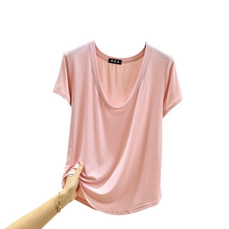 Dámský modální top s U výstřihem a polovičním rukávem - Jednobarevný, nadměrná velikost, letní tričko