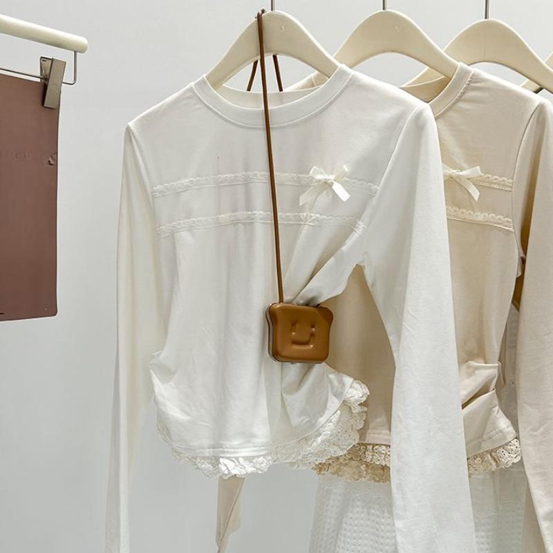 Zimní podzimní elegantní krajkové prošívání falešné dvoudílné tričko s dlouhým rukávem, halenka, dámské v novém designu s mašlí, sladké tričko se spodním dílem