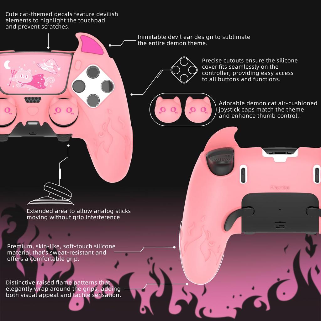 PlayVital Silicone Cover for PS5 Edge Cute Devil Protective Case for Includes Touchpad Sticker Stick Pink Controller, Design, Edge, & Cover,
