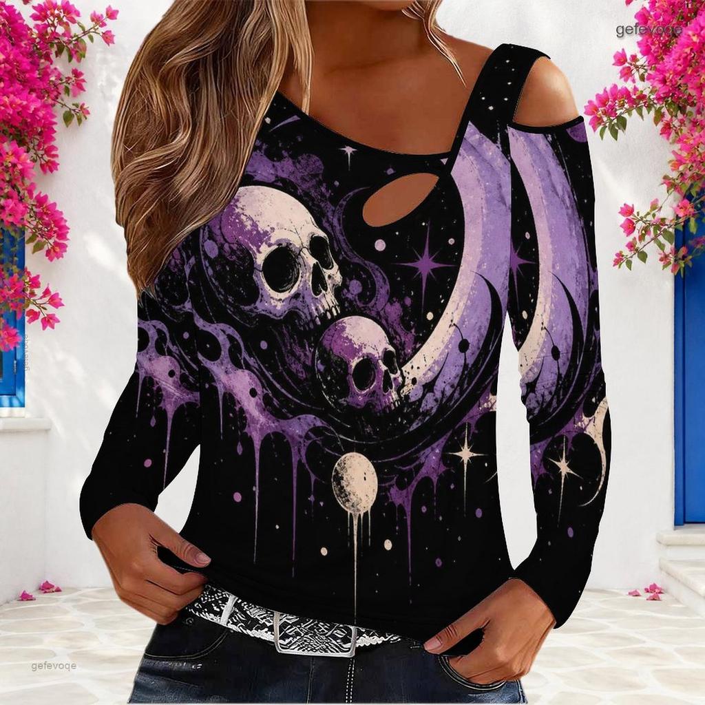 Women Plus Size Asymmetric Cutout Neck Cold Shoulder Long Sleeve Floral Printed Denim Blue Blouse