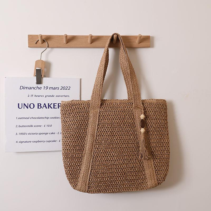 IELGY Solid Color Woven Bag All-Match Large-Capacity One-Shoulder Seaside