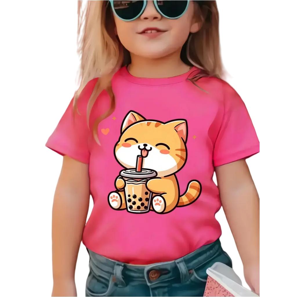 Cat Girl T-Shirt Short Sleeve Tees Girl Clothes Round Neck Top Fashion Junior Girls' Clothing Cute Outdoor Kids T-Shirts