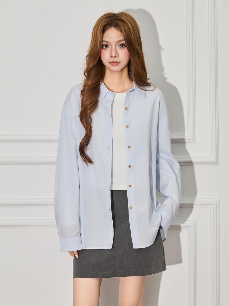 Women's Light Blue Korean Style Polo Collar Shirt Jacket - Spring Design, Loose Fit, Casual Long Sleeve Top