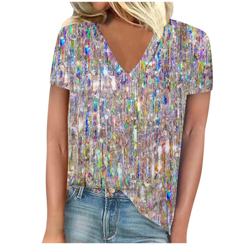 Summer V-neck 3D Stripe Printed Top Fashionable Casual Short Sleeved Women's T-shirts