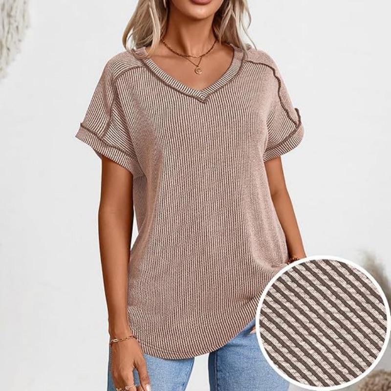 YYFS Women's Fashion Casual Summer Spring Solid Color Print Short Sleeve V-Neck Blouses & Shirts