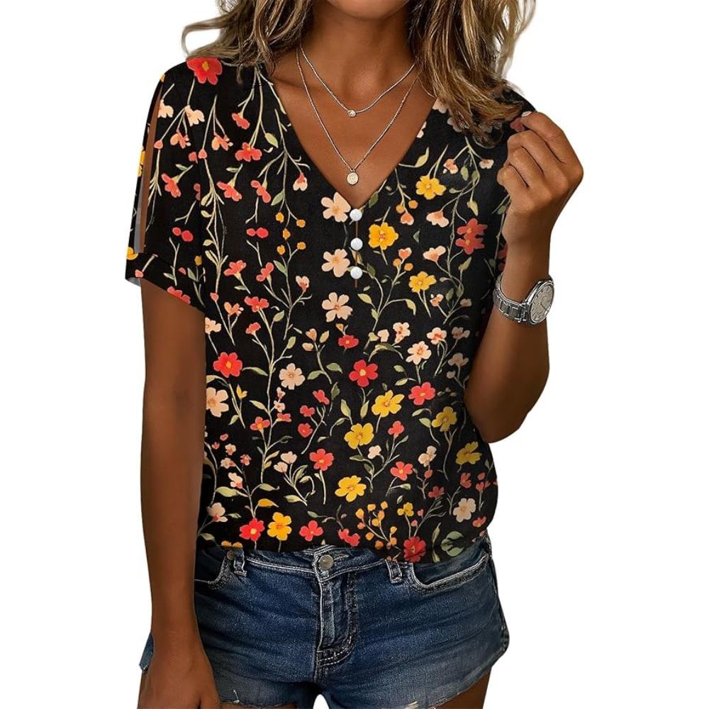

Повседневные футболки с V-образным вырезом, коротким рукавом и цветочным принтом, нарядные летние XL
