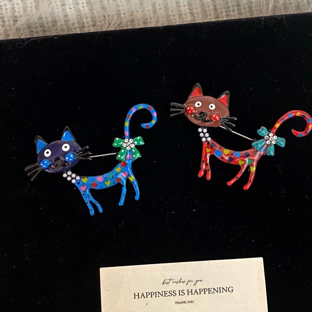 Rhinestone Dripping Oil Cat Brooch Geometric Metal  Animal Pin  Western-style Clothes