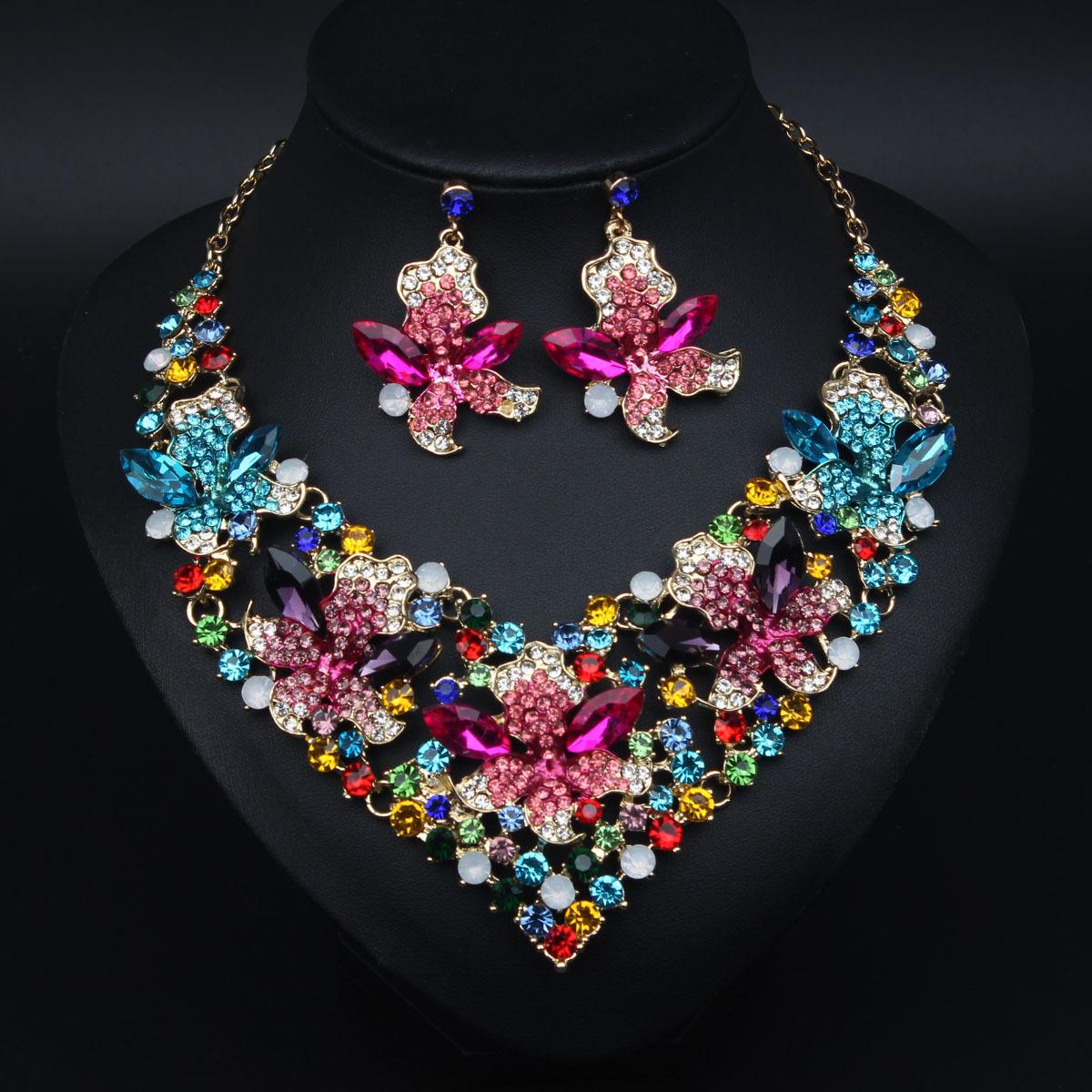 

Colorful Flower Crystal Necklace and Earrings Set for Banquet Party Evening Dress Accessories разноцветный
