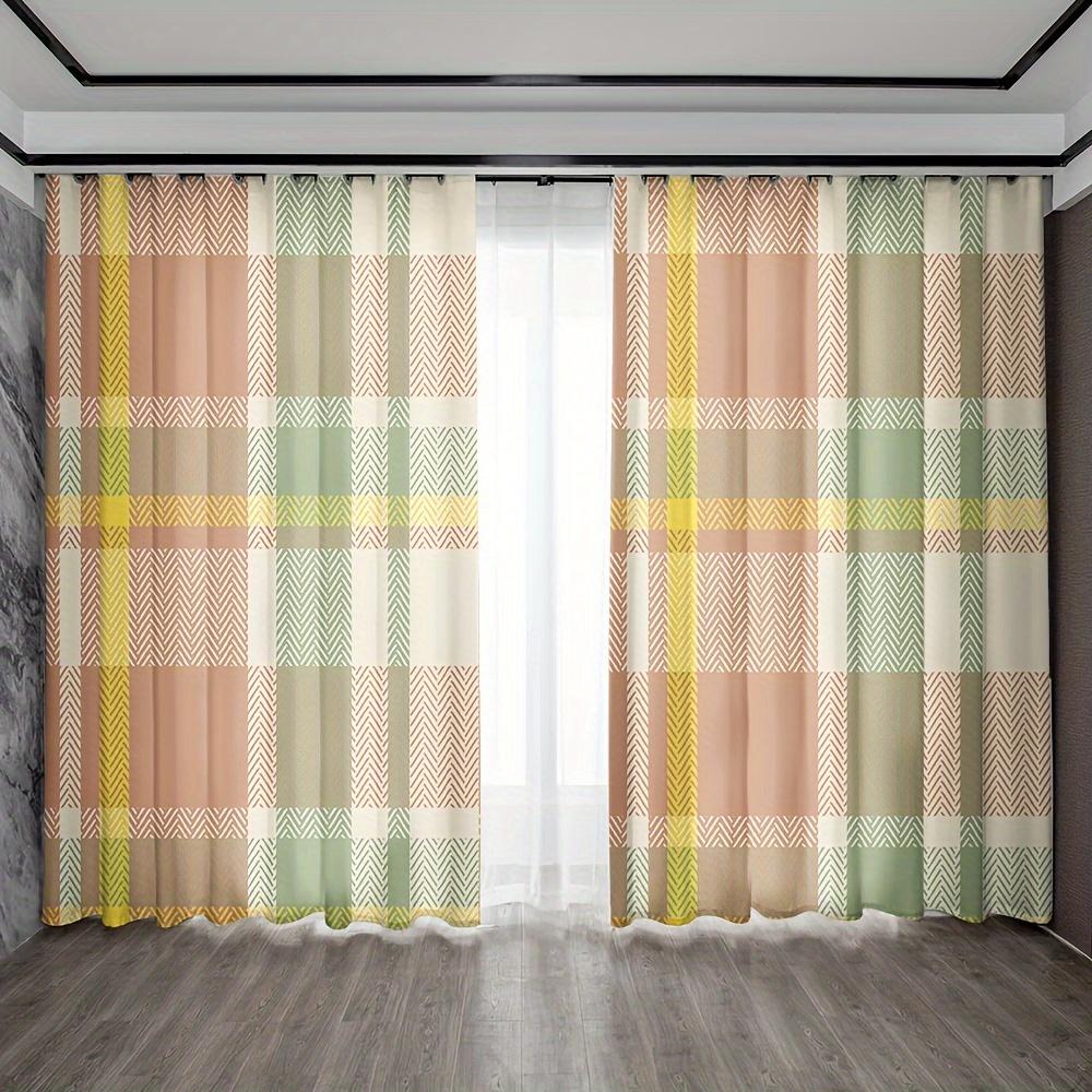 2pcs Home Decoration Curtains, Bed Sheets, Geometric Square Grid Art Decoration with Rod Pocket Curtains, Suitable for Kitchens,