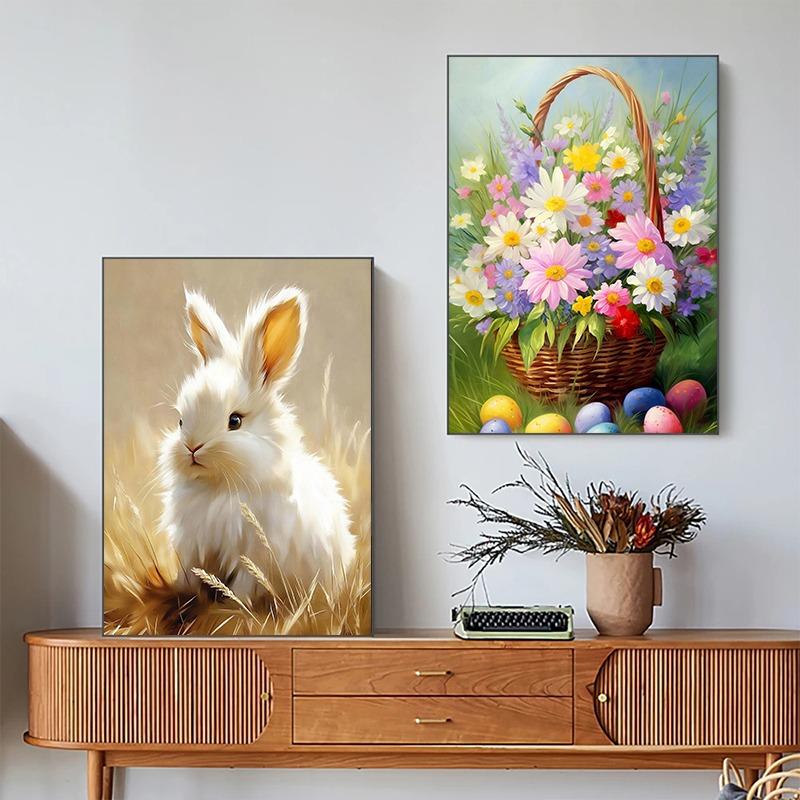 Vintage Spring Academia Botanical Rabbit Bunnies Colorful Eggs Poster Canvas Painting Wall Art Pictures Holiday Home decoration