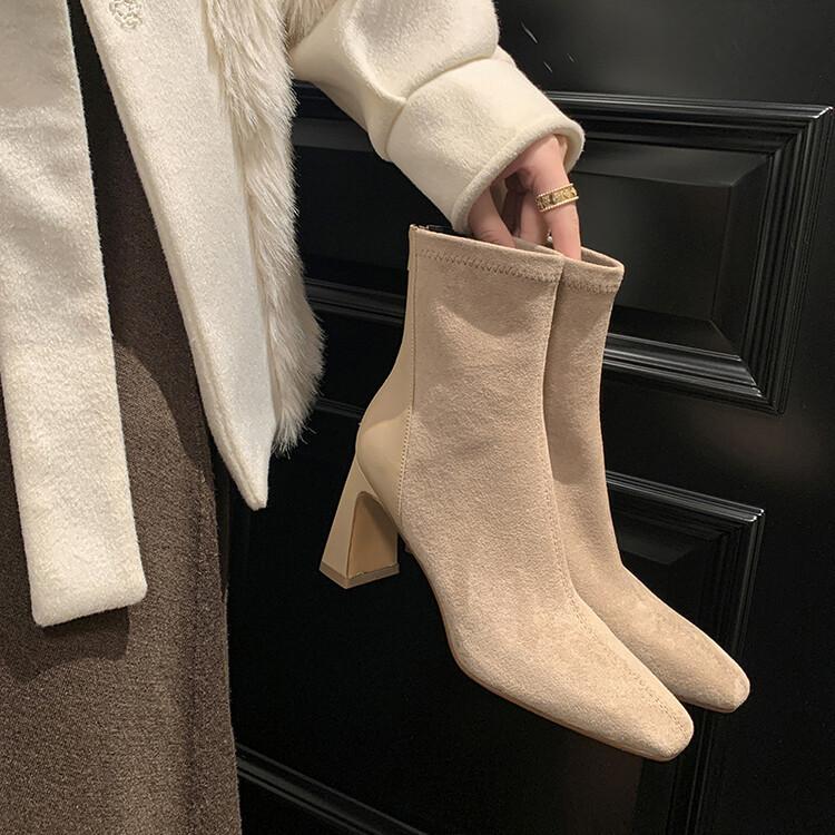 Square Head Thick Heel Short Boots Women's Splicing Fashion Boots Short Tube High Heel Suede Socks Boots Elastic