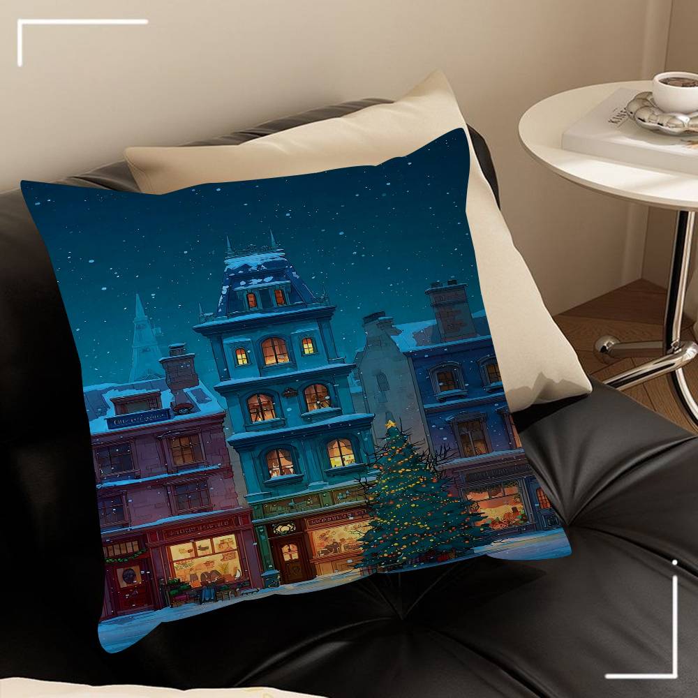 Winter Holiday Town Cushion Cover Car Throw Pillow Case For Sofa Car Christmas Gift 40x40cm 45x45cm
