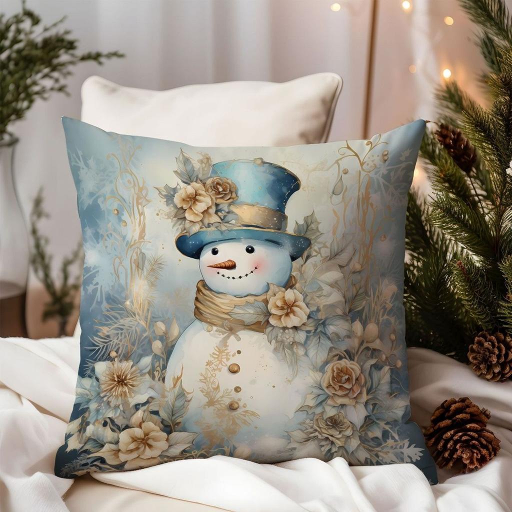Christmas Blue Floral & Golden Pine Cone Throw Pillow Cover, Festive Elegant Printed Cushion Case