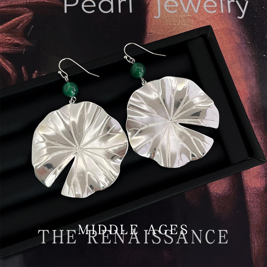 Medieval retro lotus leaf exaggerated earrings retro literary green agate ear hook niche personalized earrings