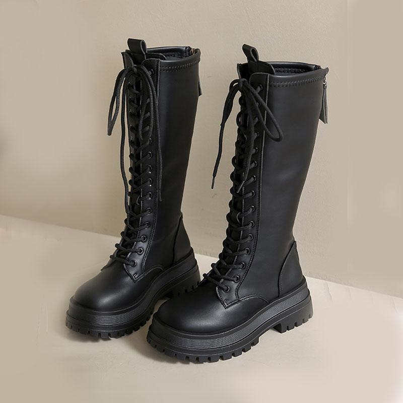 Fashion 2025 New Thick Bottom Heightening Knee High Boots Versatile Autumn Winter Shoes Black Back Zipper Long Knight Botas for Women