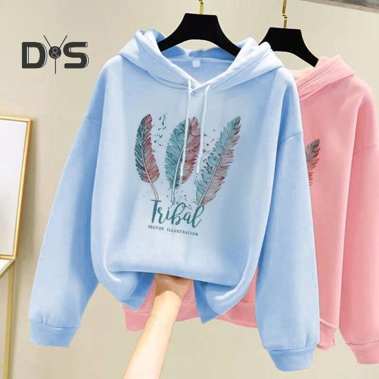 Fall Winter Hoodie Feather Print Long Sleeve Thick Loose Soft Drawstring Hooded Unisex Keep Warm Casual Elastic Cuff Women Men Hoodie
