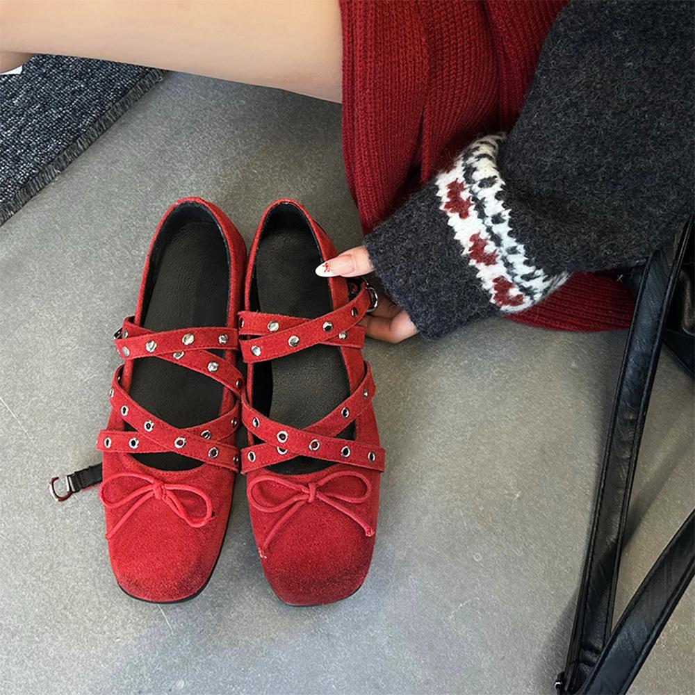 Leder Französische Schleife Ballerinas Damen Retro Gürtelschnalle Mary Jane Schuhe Vielseitige Leichte Mund Einzelne Schuhe